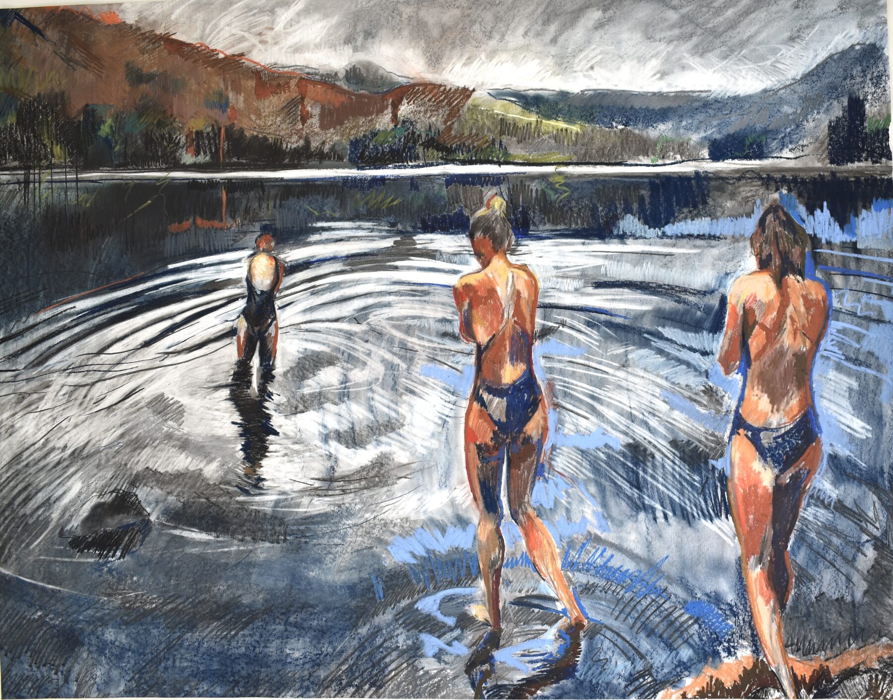 Charcoal and pastel drawing of three figures wading into a lake at dusk