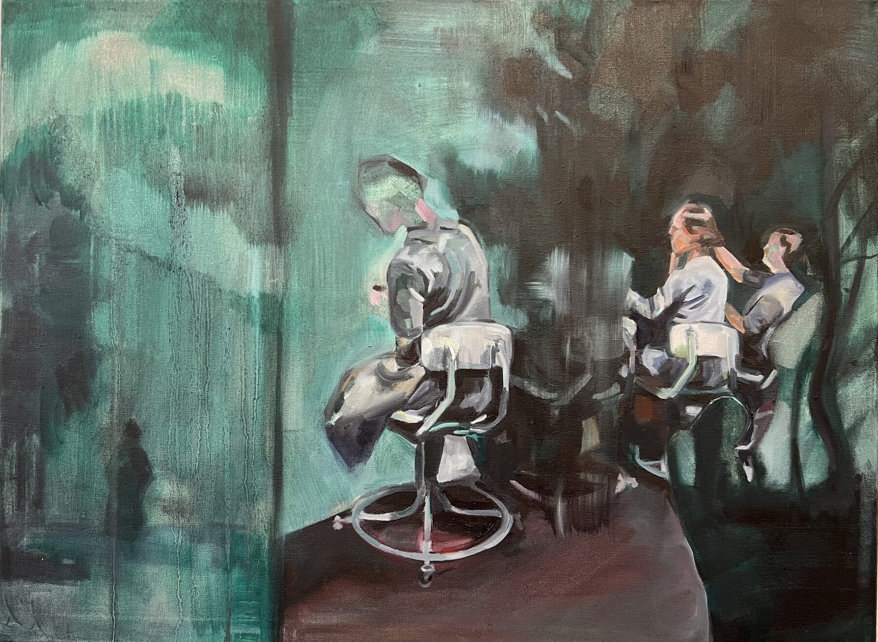 Painting of a figure seated on a salon chair in green light