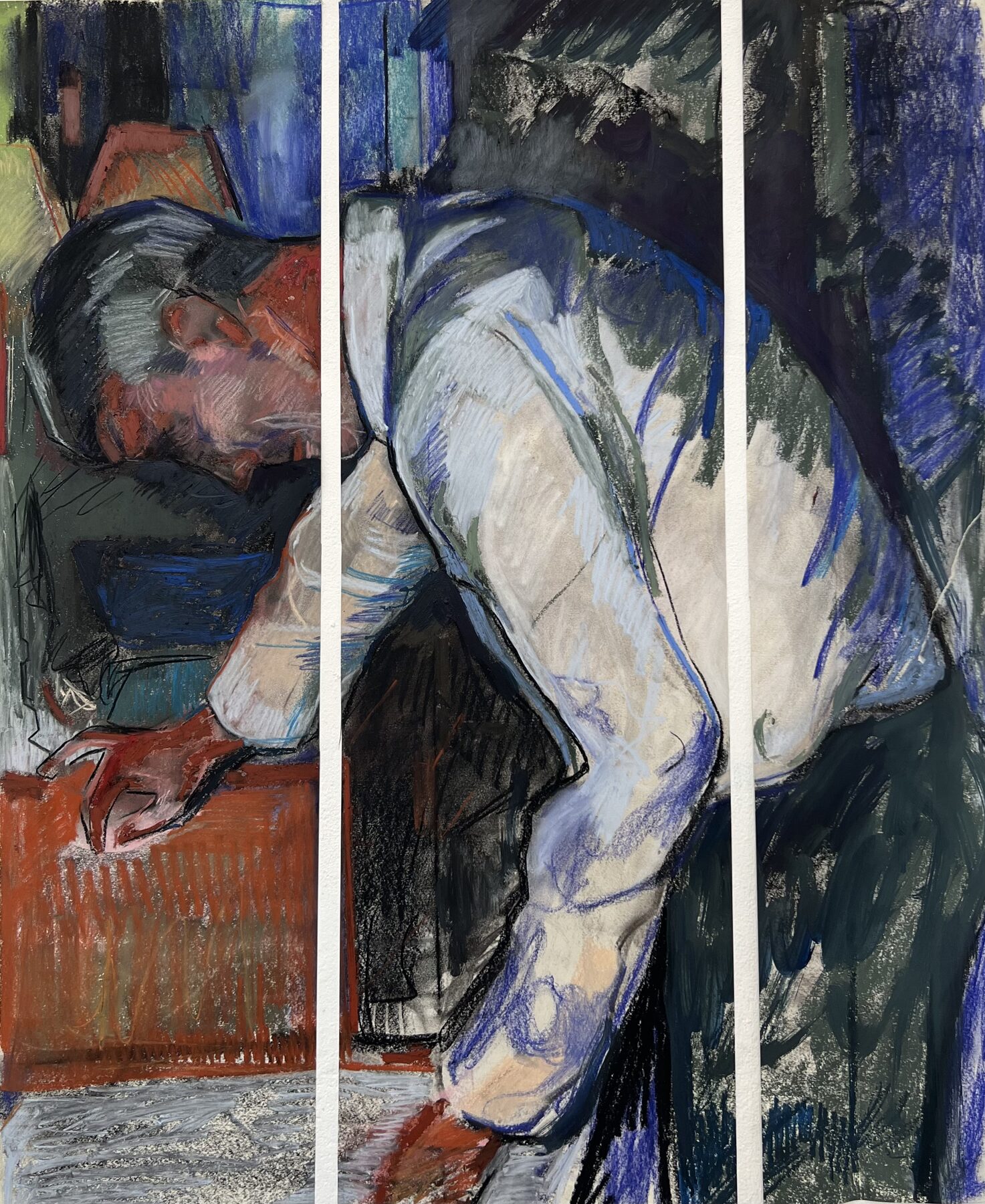 Diptych drawing of a reclining figure in charcoal and pastel