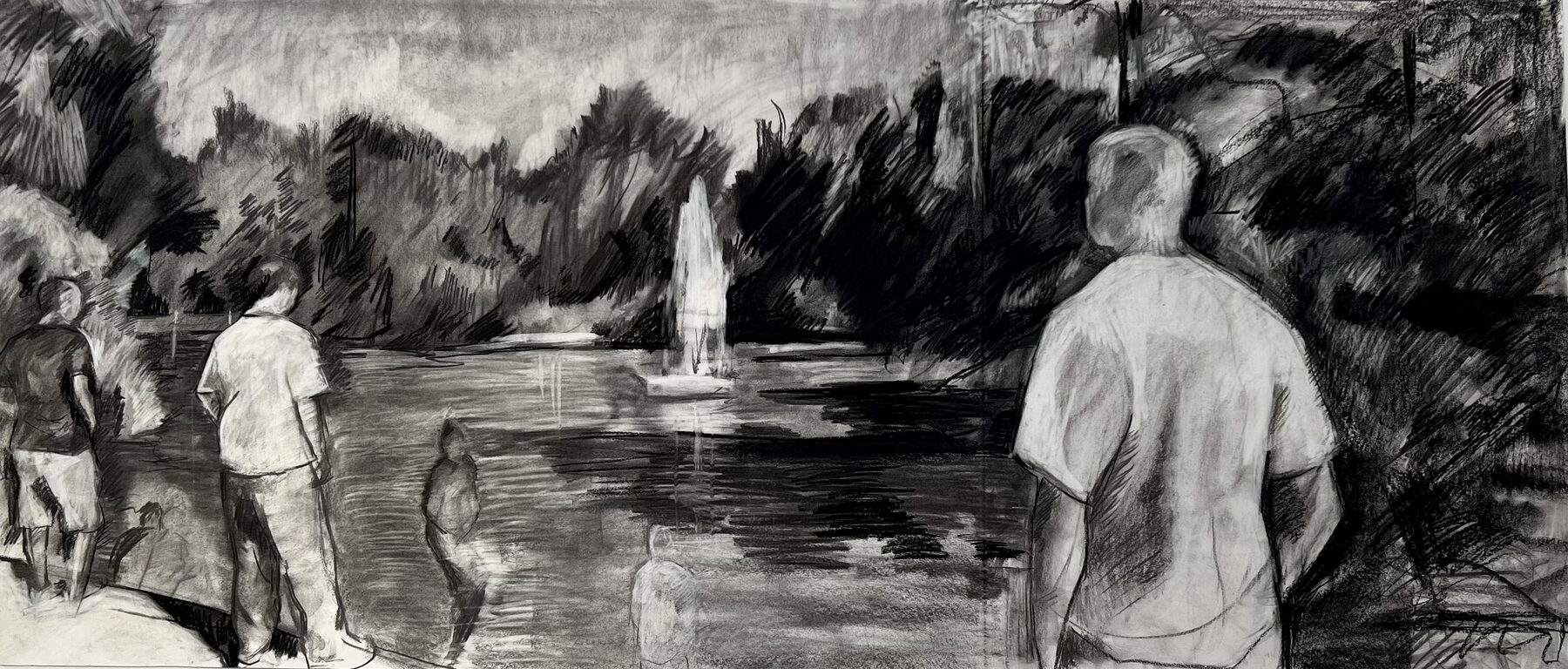 Charcoal drawing of figures gathered by a fountain at dusk