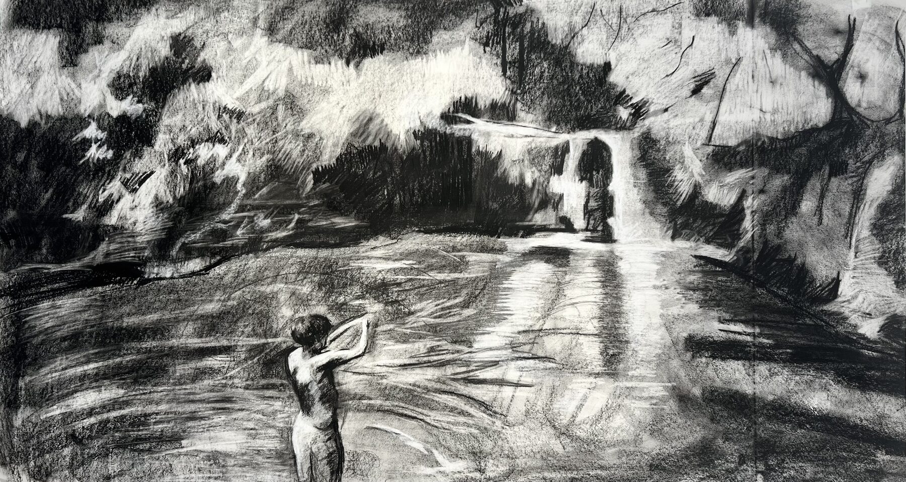 Charcoal drawing of a figure facing a lit archway over water