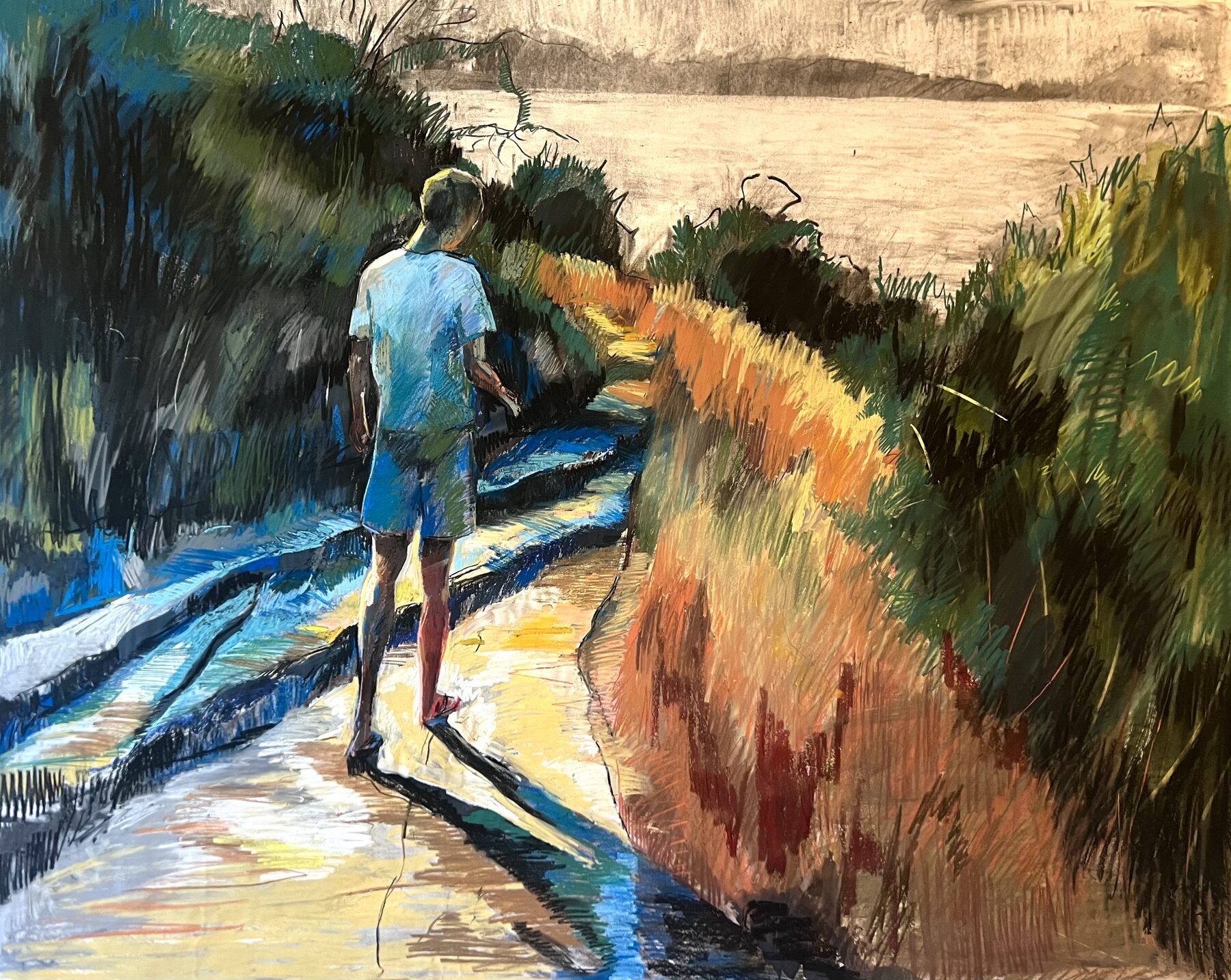 Pastel drawing of a figure walking along a coastal path
