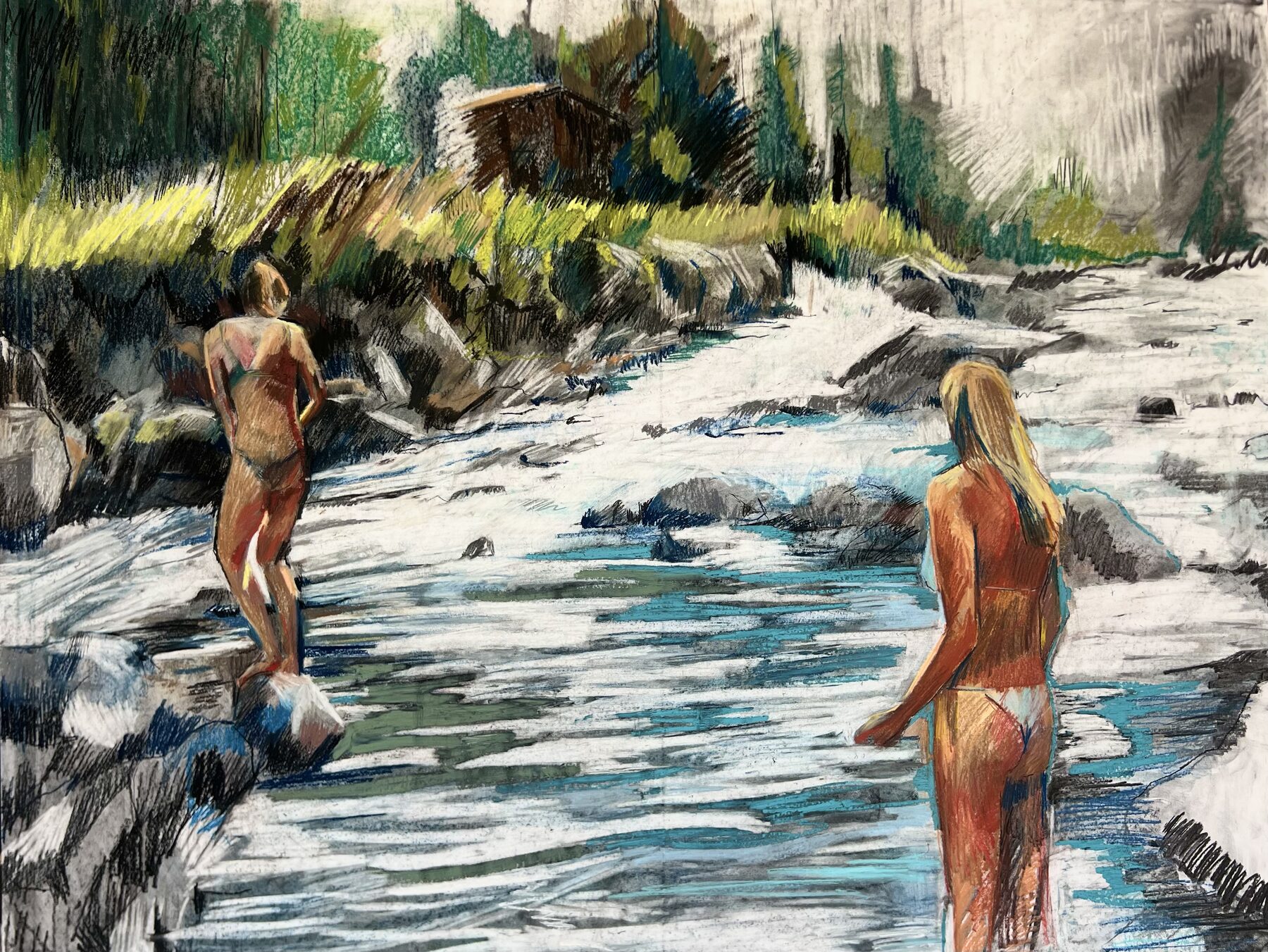 Two figures standing in a shallow river among rocks